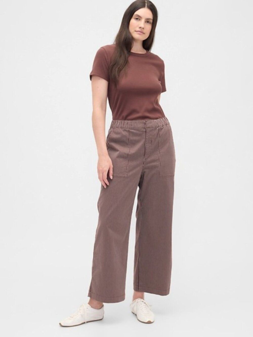 Gap High Rise Easy Wide Leg Khaki Pant Brown Stripe Large